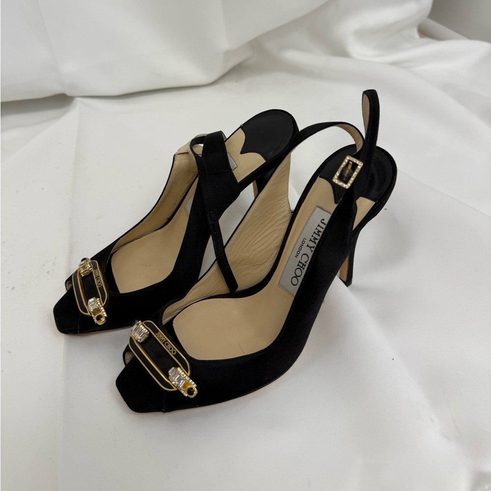 JIMMY CHOO BLACK & GOLD SATIN PEEP TOE LOGO CRYSTAL HEELS SIZE 35